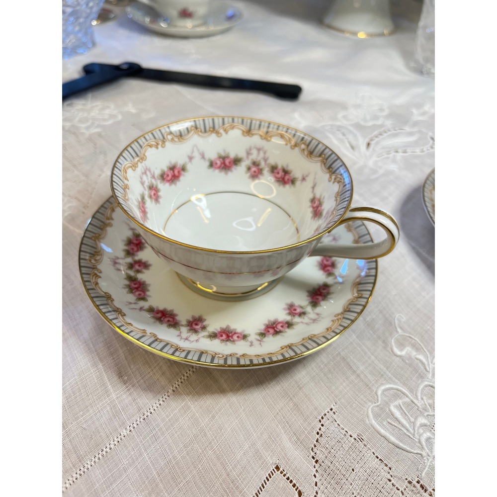 Noritake Ridgewood Teacups And Saucers (2) Pink Rose Swags Silver StripesVintage